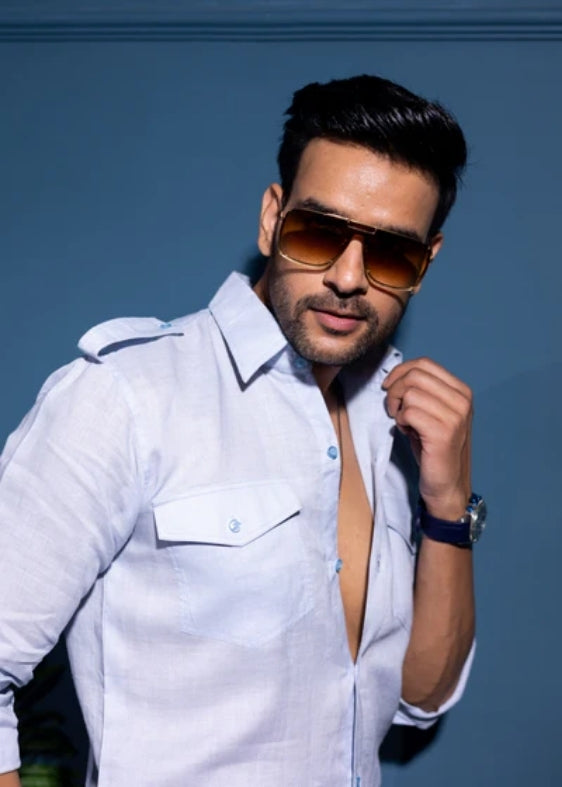 Pure Linen Four Pocket Hunter Shirt-Light Blue