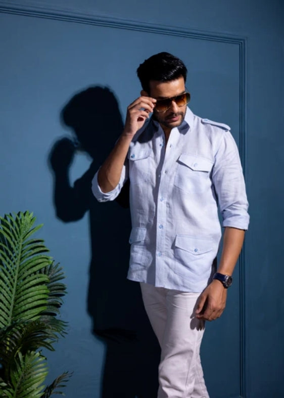 Pure Linen Four Pocket Hunter Shirt-Light Blue