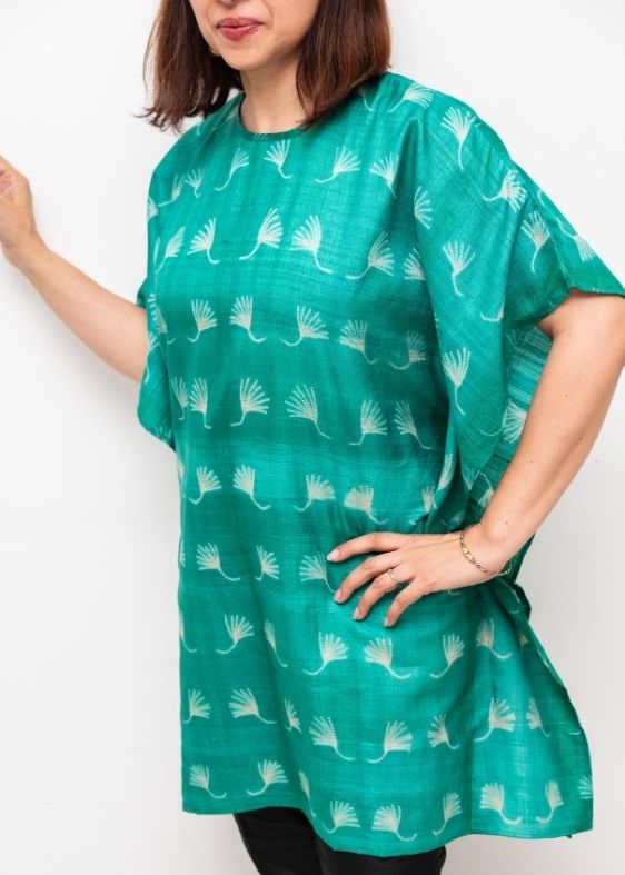 Green Shibori Tussar Silk Kaftan