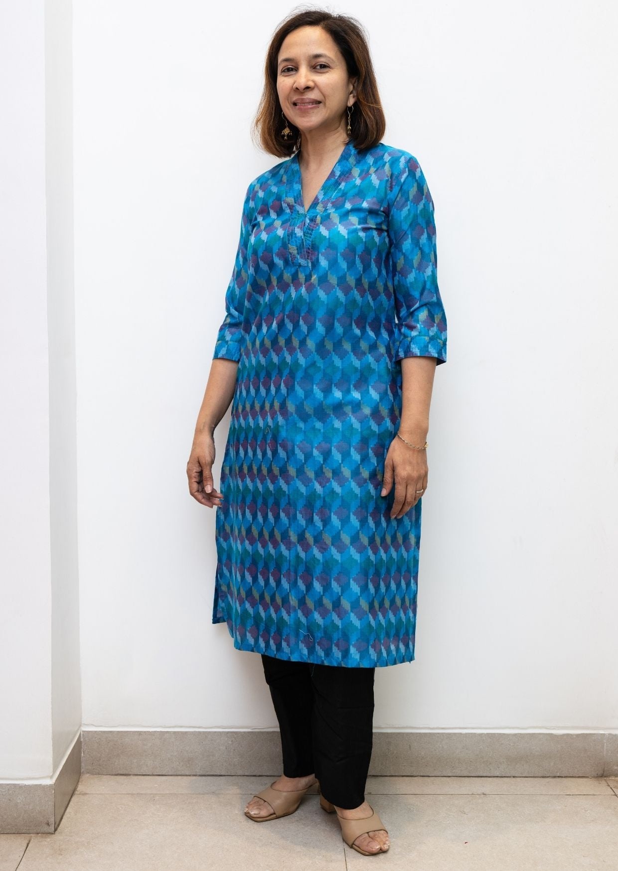 Blue V Nack Stitchline Silk Ikkat Kurta