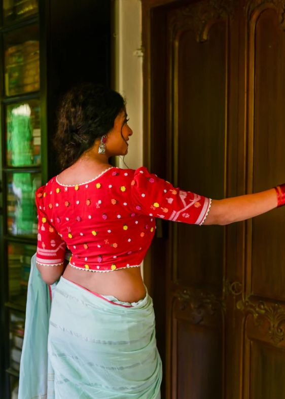 Red jamdani multirose blouse