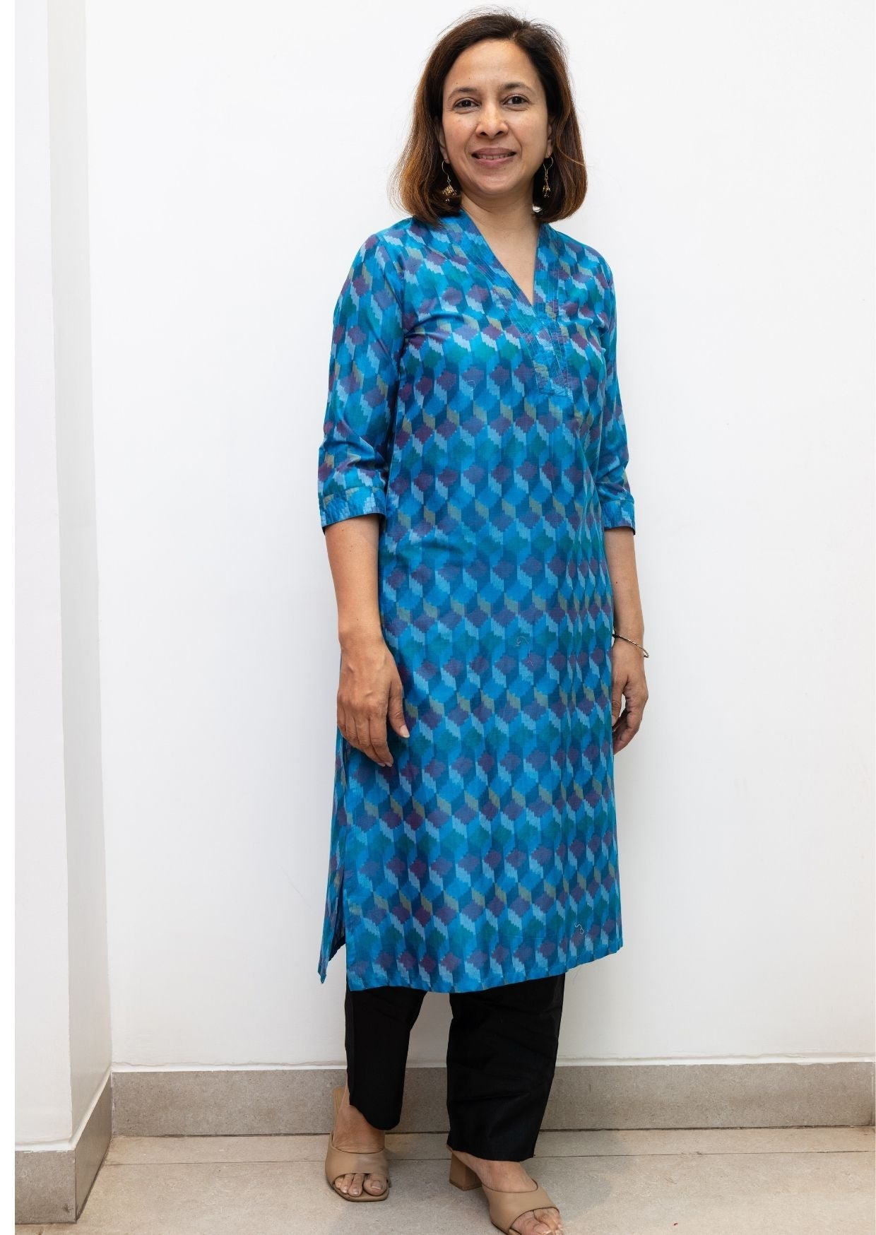 Blue V Nack Stitchline Silk Ikkat Kurta