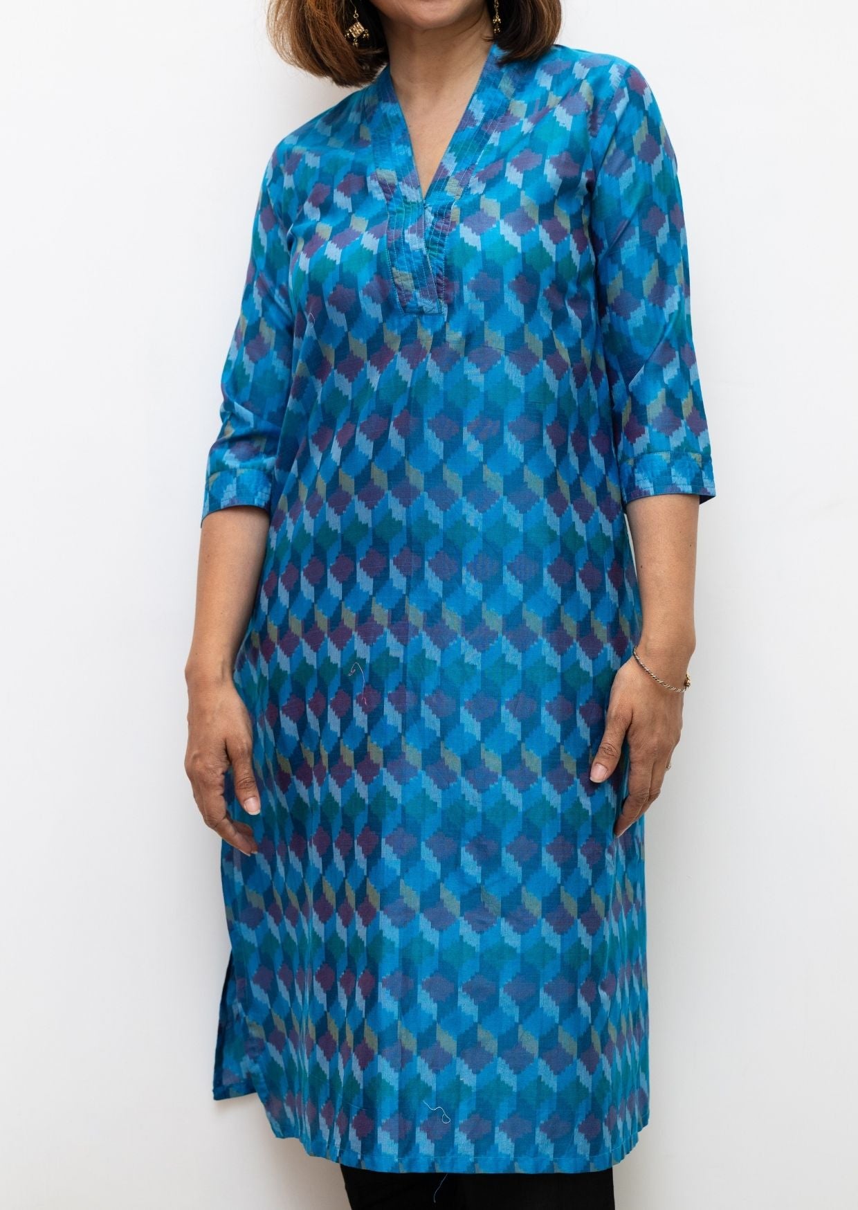 Blue V Nack Stitchline Silk Ikkat Kurta