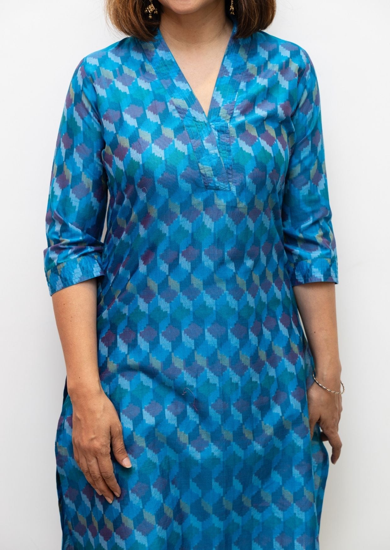 Blue V Nack Stitchline Silk Ikkat Kurta