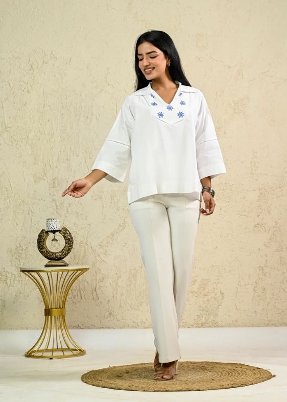White Poplin Embroidery Top