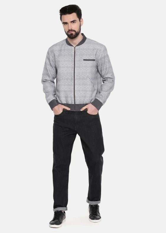 Grey Linen printed bomber jacket