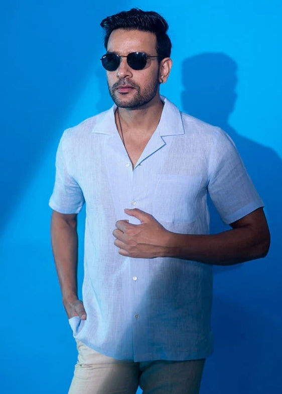 Pure Linen Half Sleeve Shirt-Light Blue