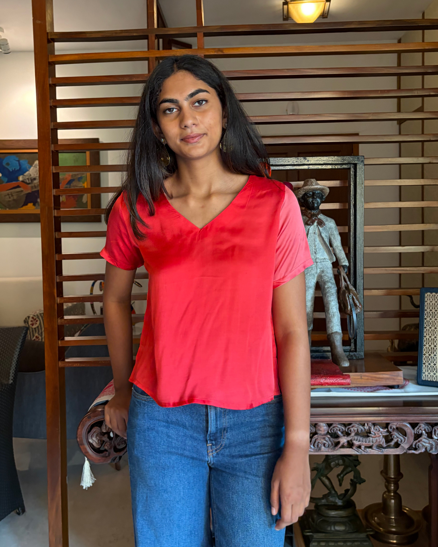 Red Modal V Neck SleevesTop