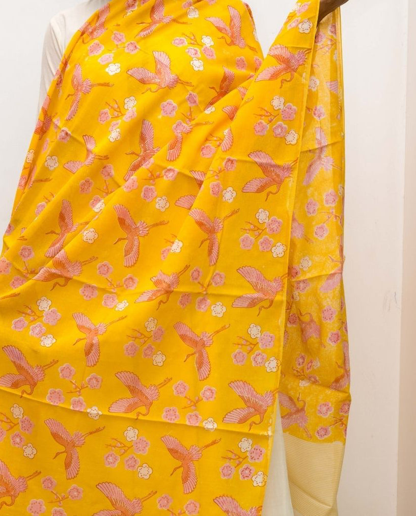 Yellow Bird Cotton Silk Dupatta
