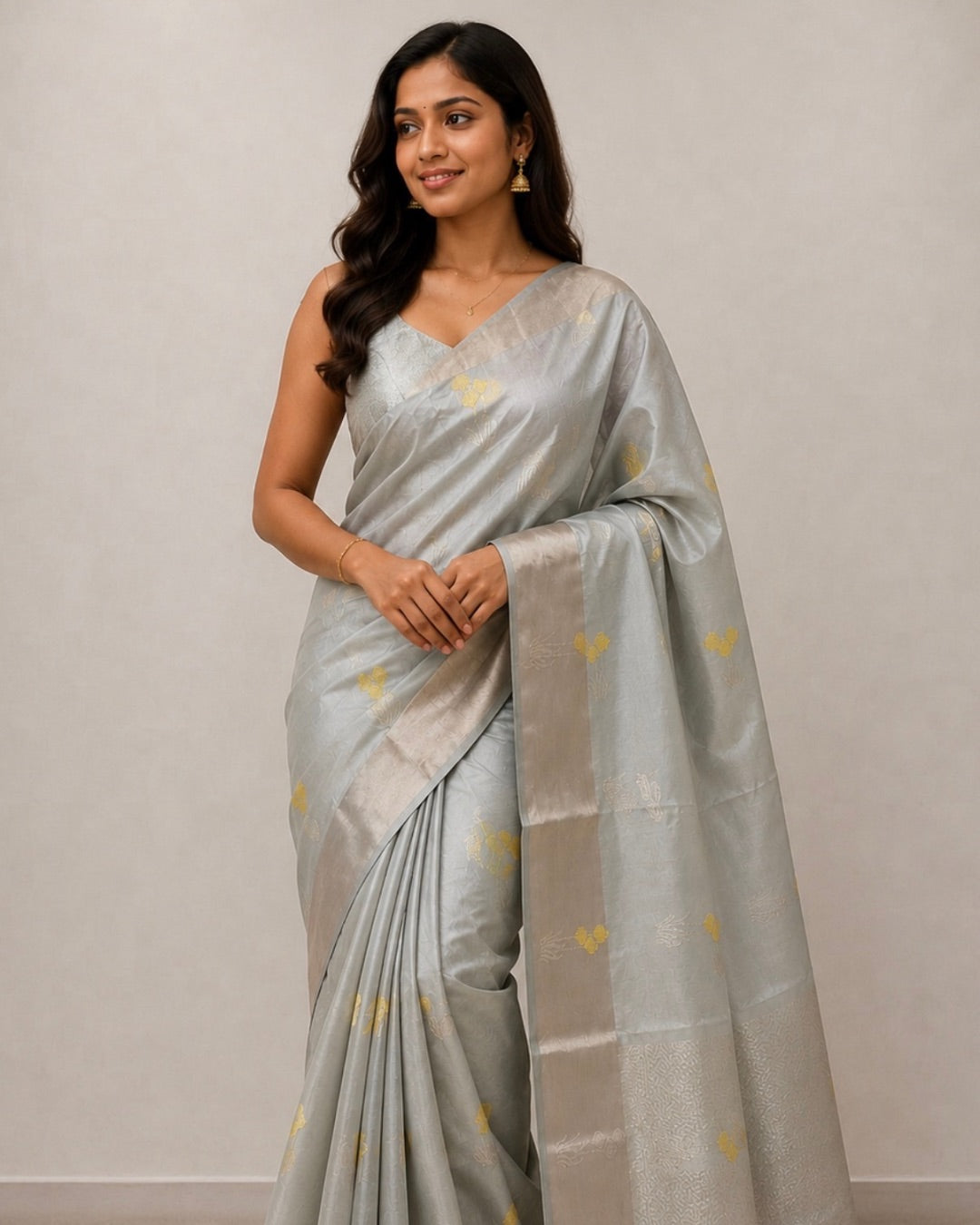 Grey Yellow Butta Chanderi Silk Saree