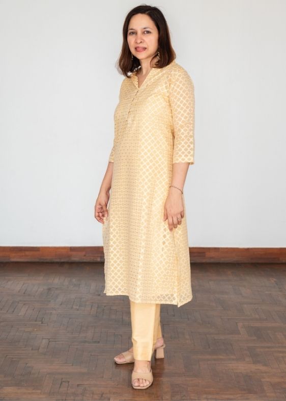 Beige Banarasi Silk Cotton Long kurta