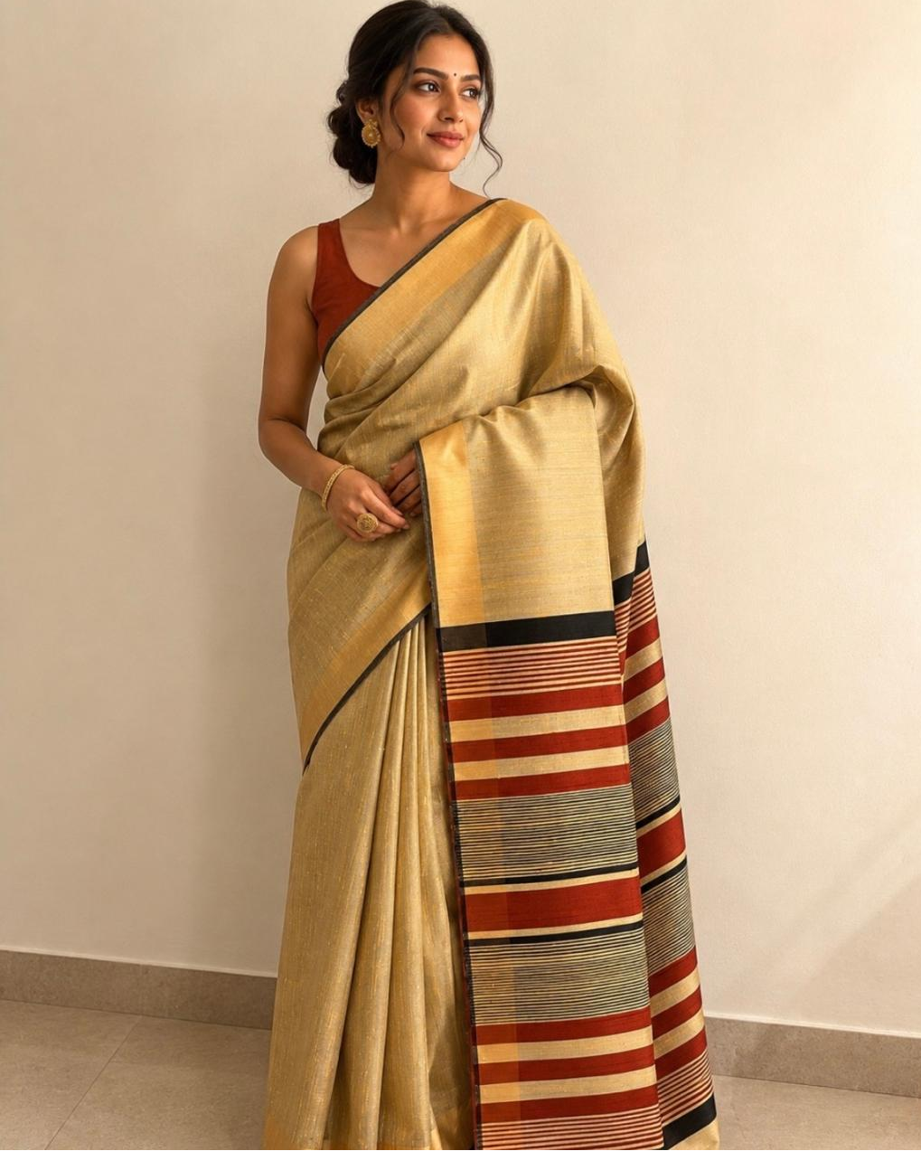 A woman models a beige silk saree with a wide striped border in red, black, and cream, paired with a rust-colored sleeveless blouse, standing against a plain beige wall.