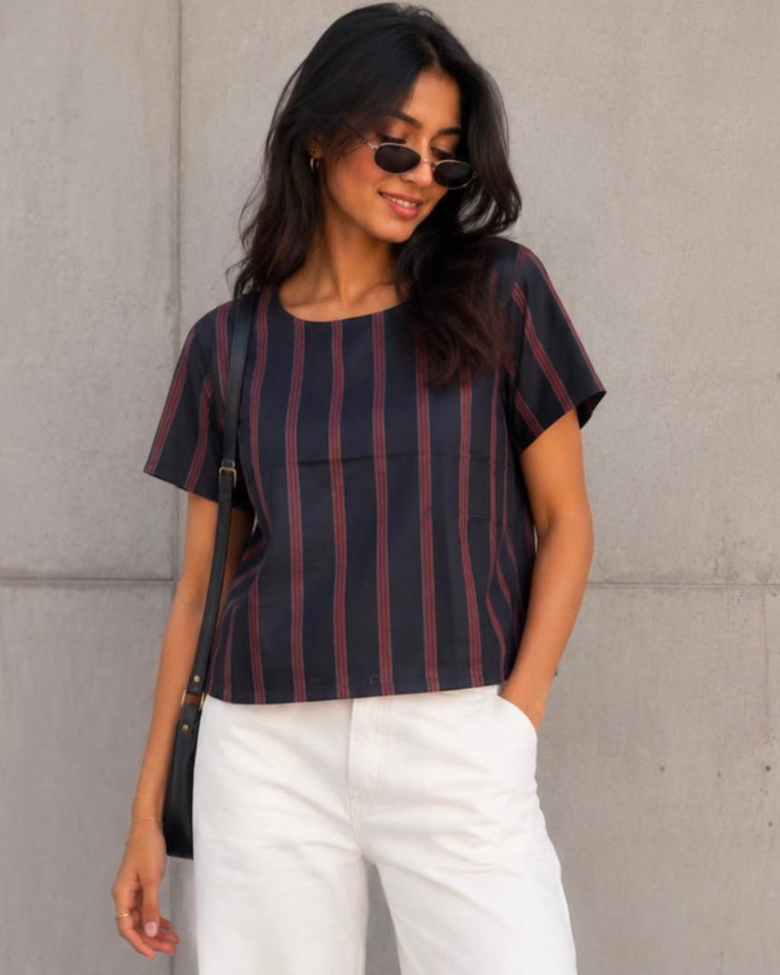Black Red Striped Boat Neck Silk Top
