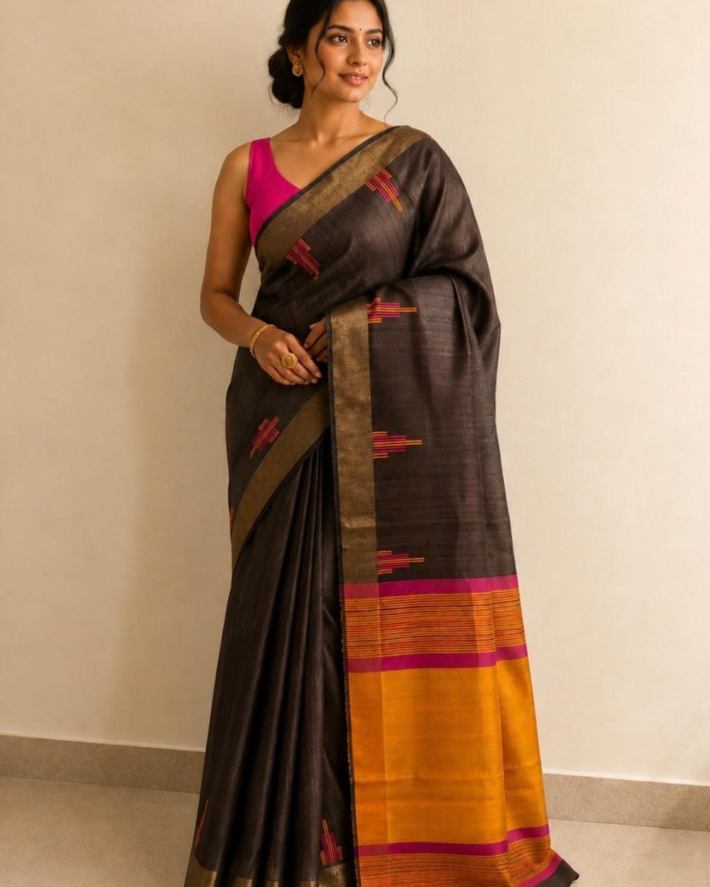 Black Yellow Striped Pallu Tussar Silk Saree