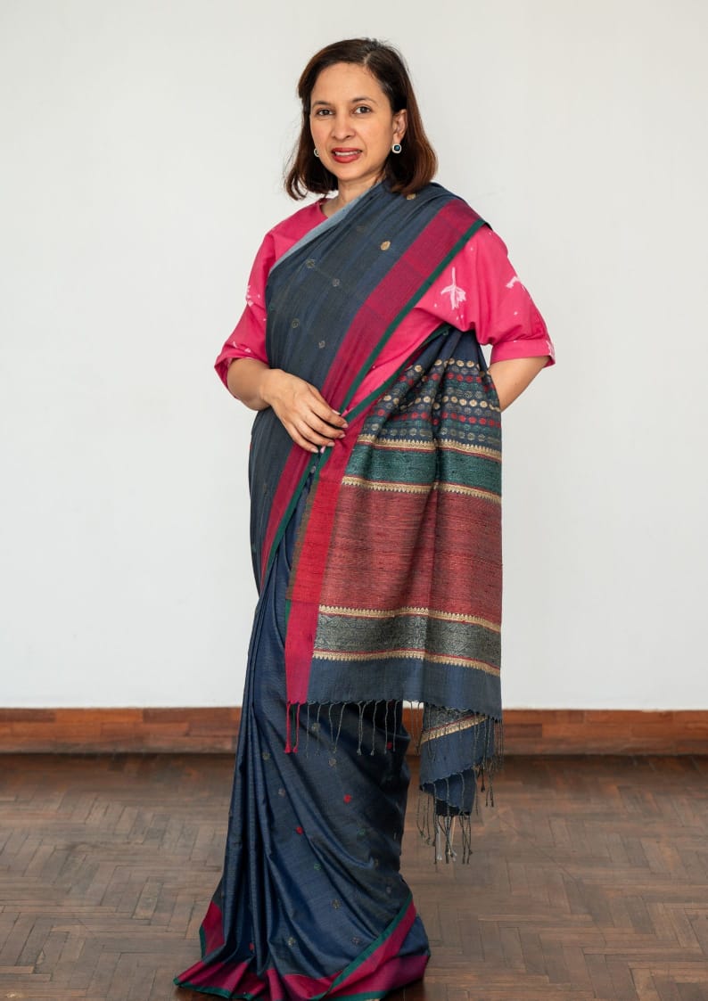 Blue Grey Red Border Assam Silk Saree Jamdani Booti