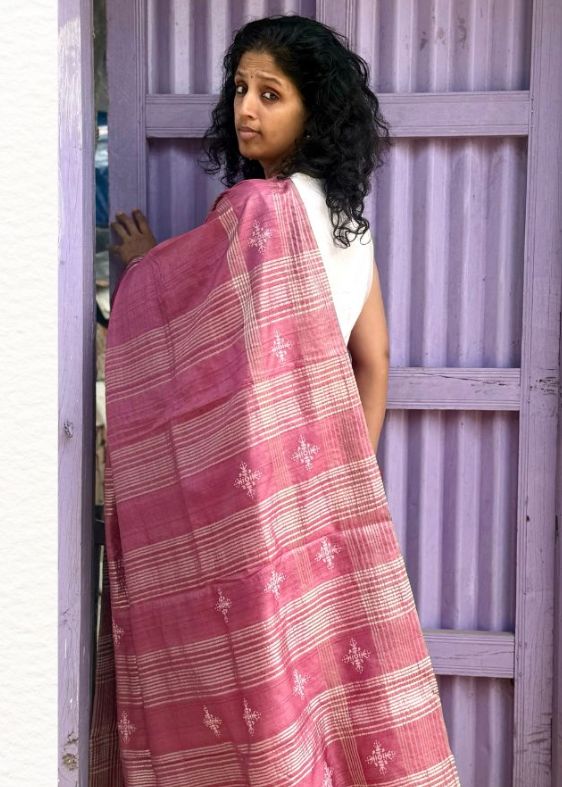 Chowki Onion Pink Chattisgarh Tussar Silk Saree