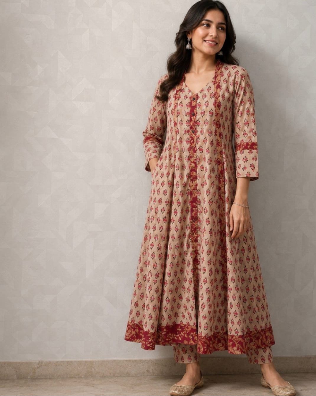 Beige High Neck Collar Cotton Flared Dress