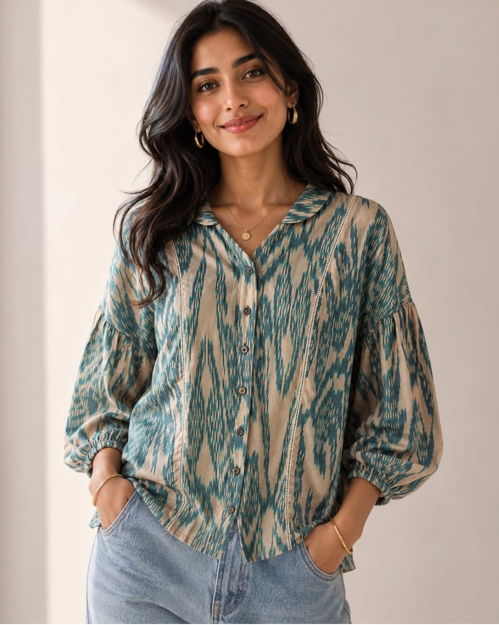 A woman wearing a teal and beige ikat-patterned button-up blouse with voluminous sleeves, paired with light-wash blue jeans, standing against a neutral beige wall.