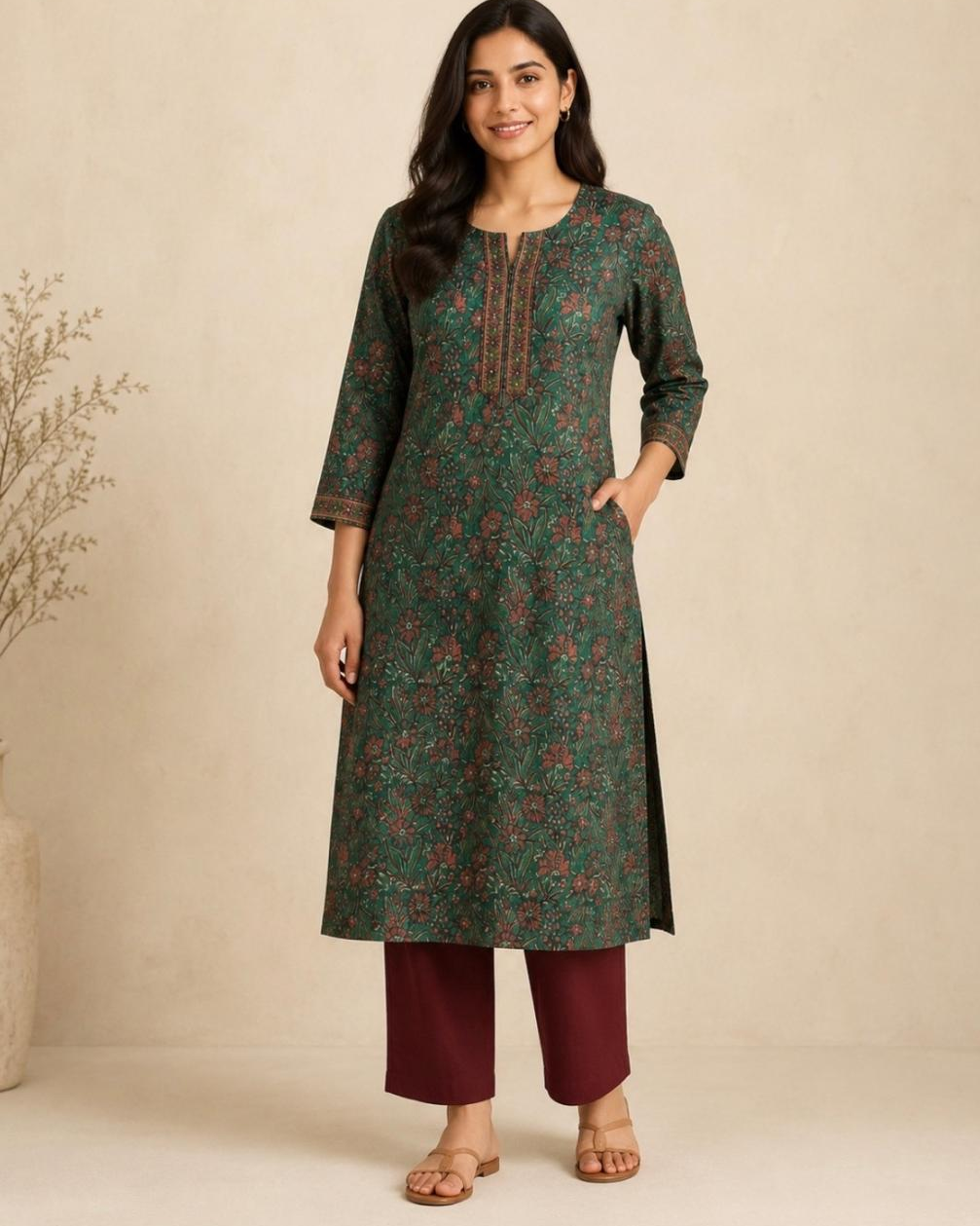 A woman modeling a dark green floral printed kurta with brown embroidery on the neckline, paired with maroon pants, standing against a neutral beige background.