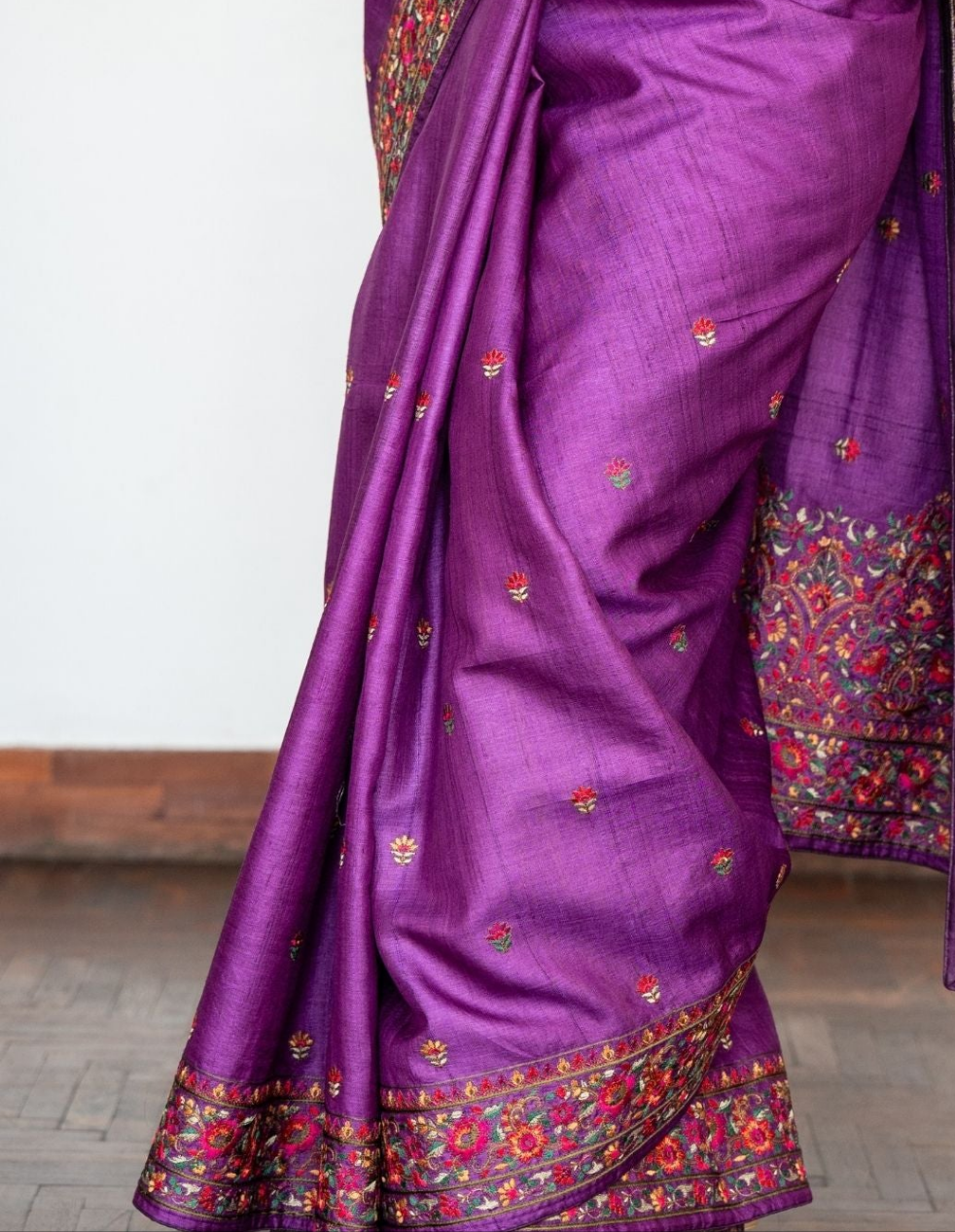 Purple Embroidery Tussar Silk Saree