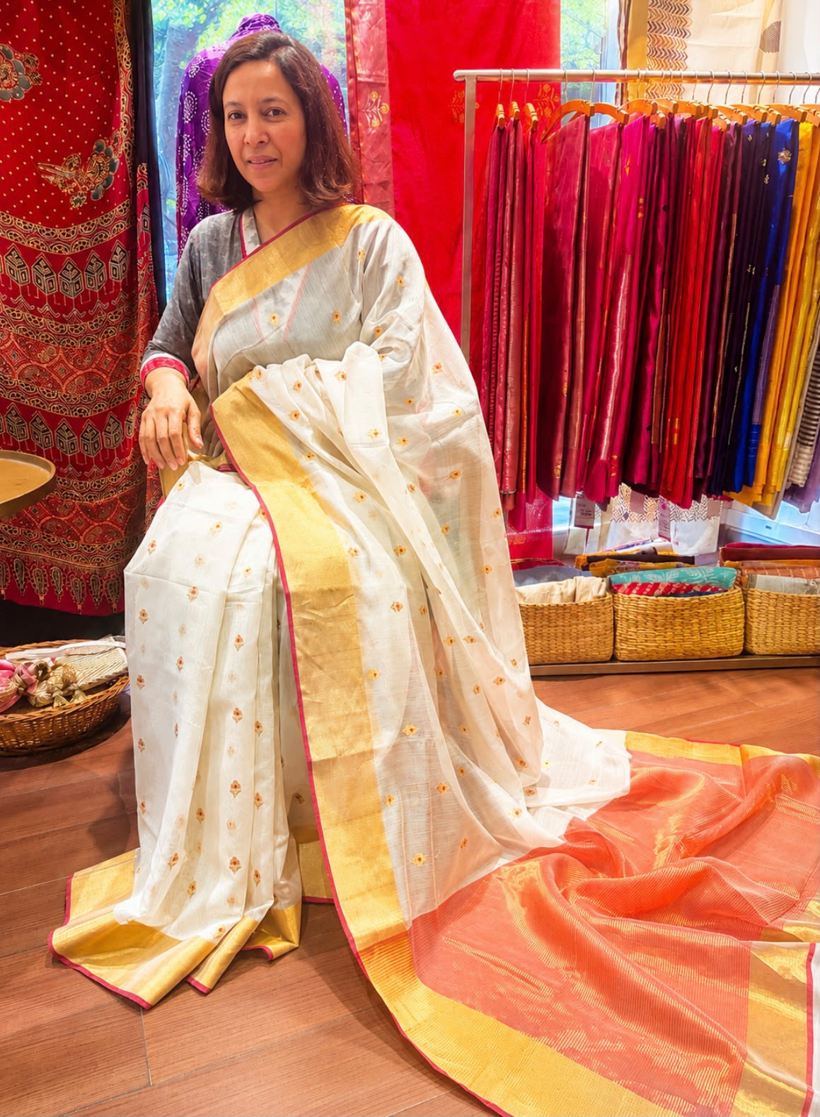 Off White Red Buta Chanderi Silk Saree