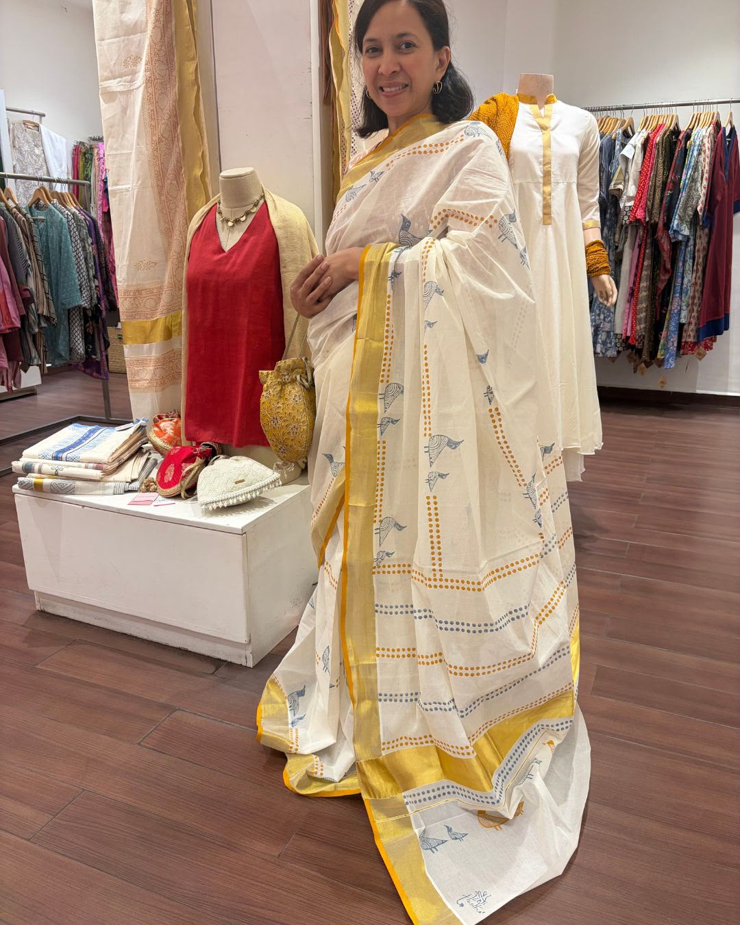 Off White Bird Hand Block Printed Cotton Saree
