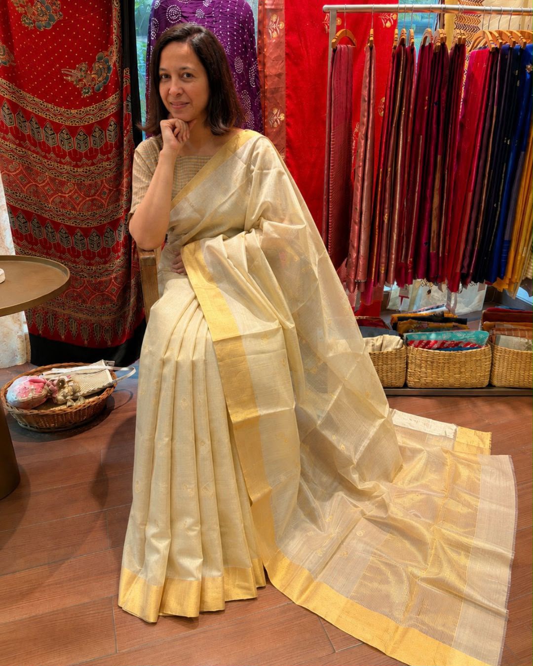 Beige Chanderi Silk Cotton Saree