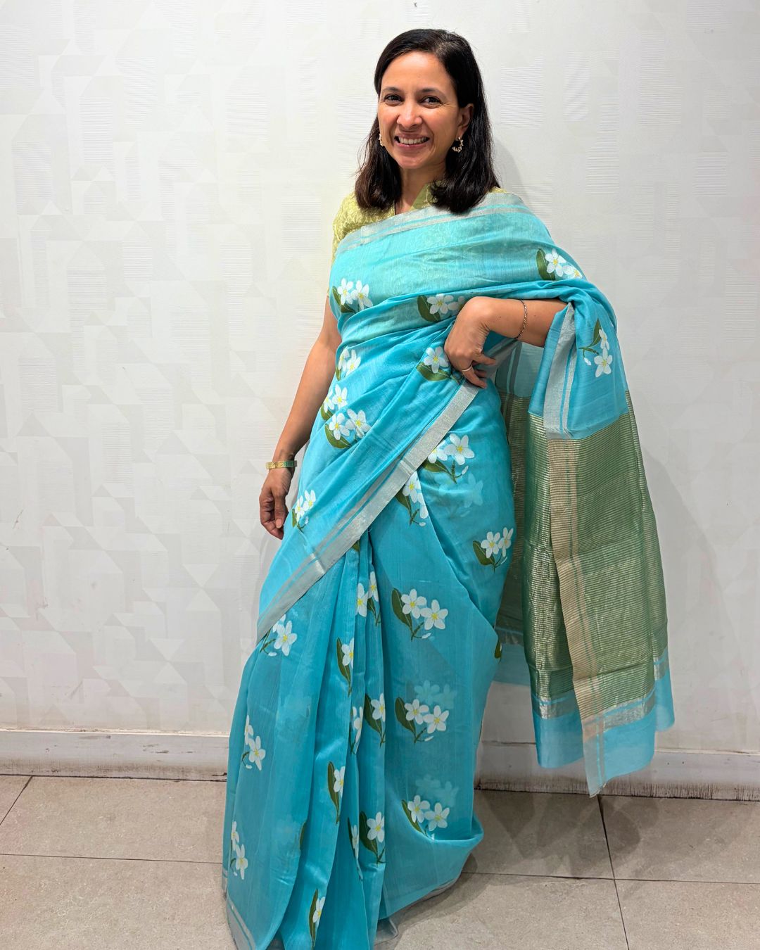 Blue Floral Jamdani Chanderi Silk Cotton Saree
