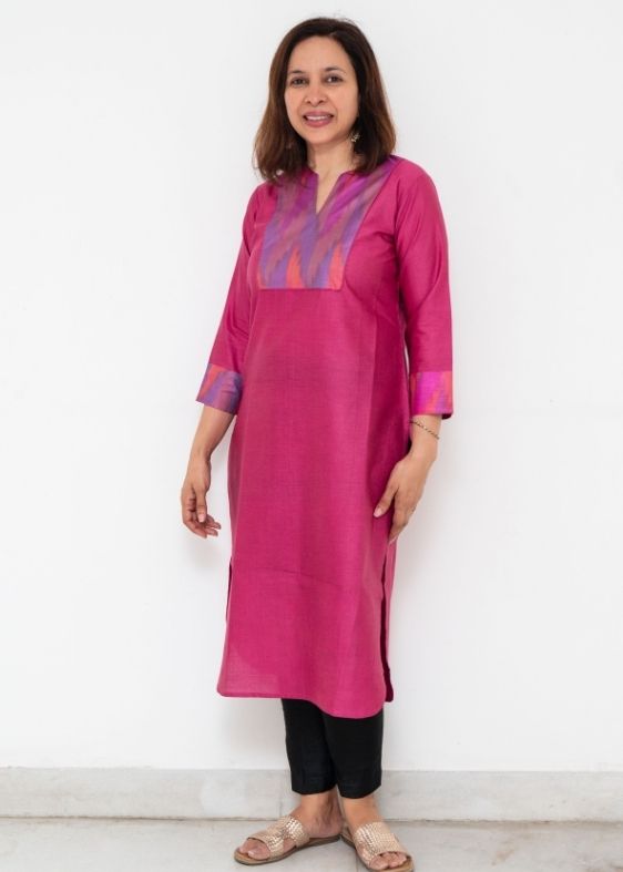 Pink Deepam Neck Tussar Long Kurta