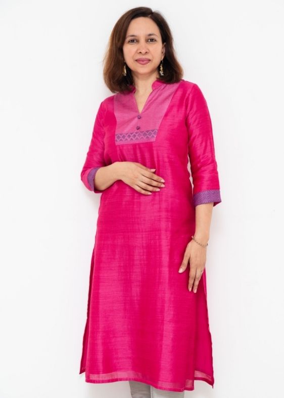 Pink Tussar Silk V Neck Yoke Long Kurta