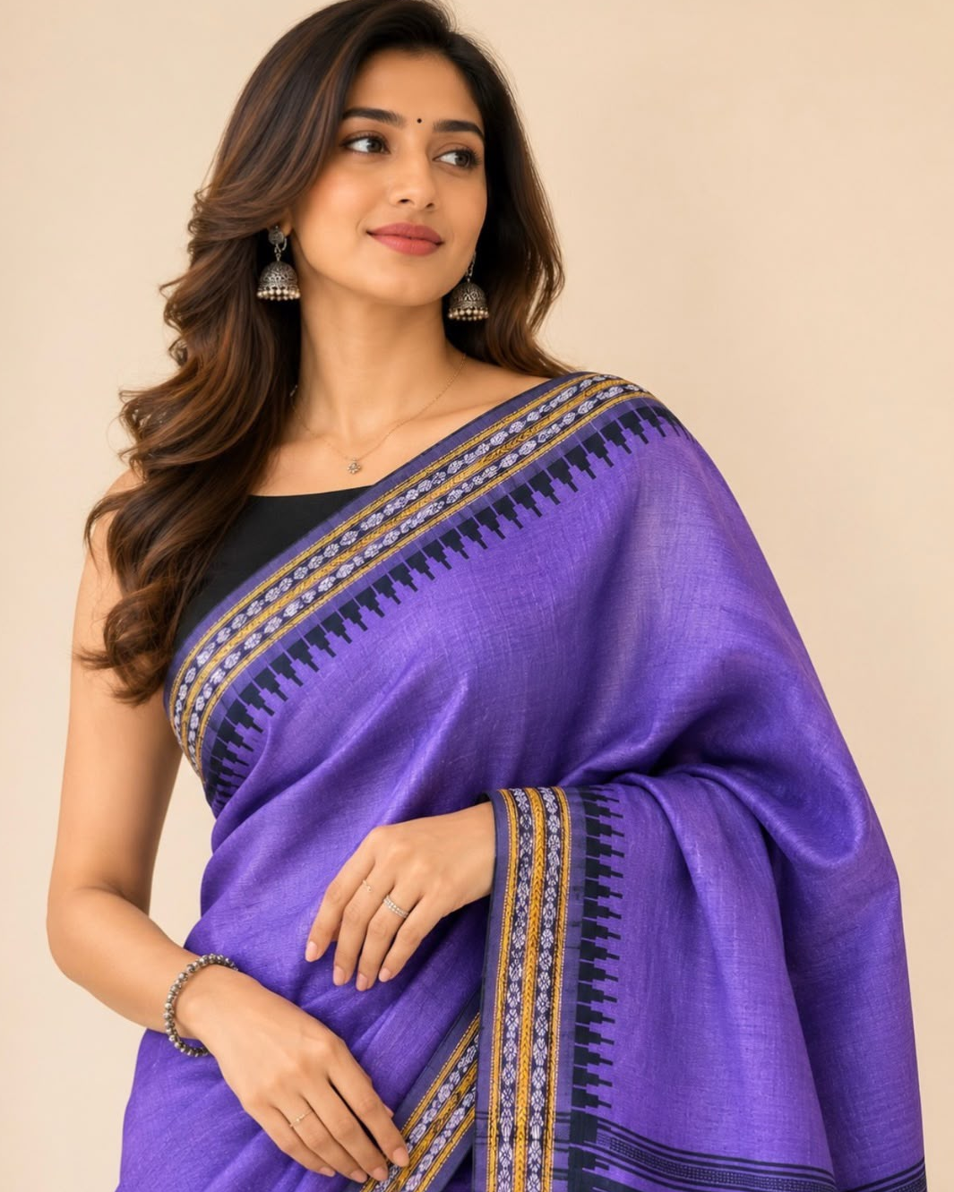 Purple Black Border Tussar Silk Saree