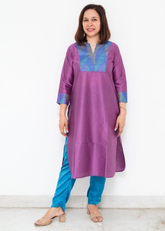 Purple Deepam Neck Tussar Long kurta