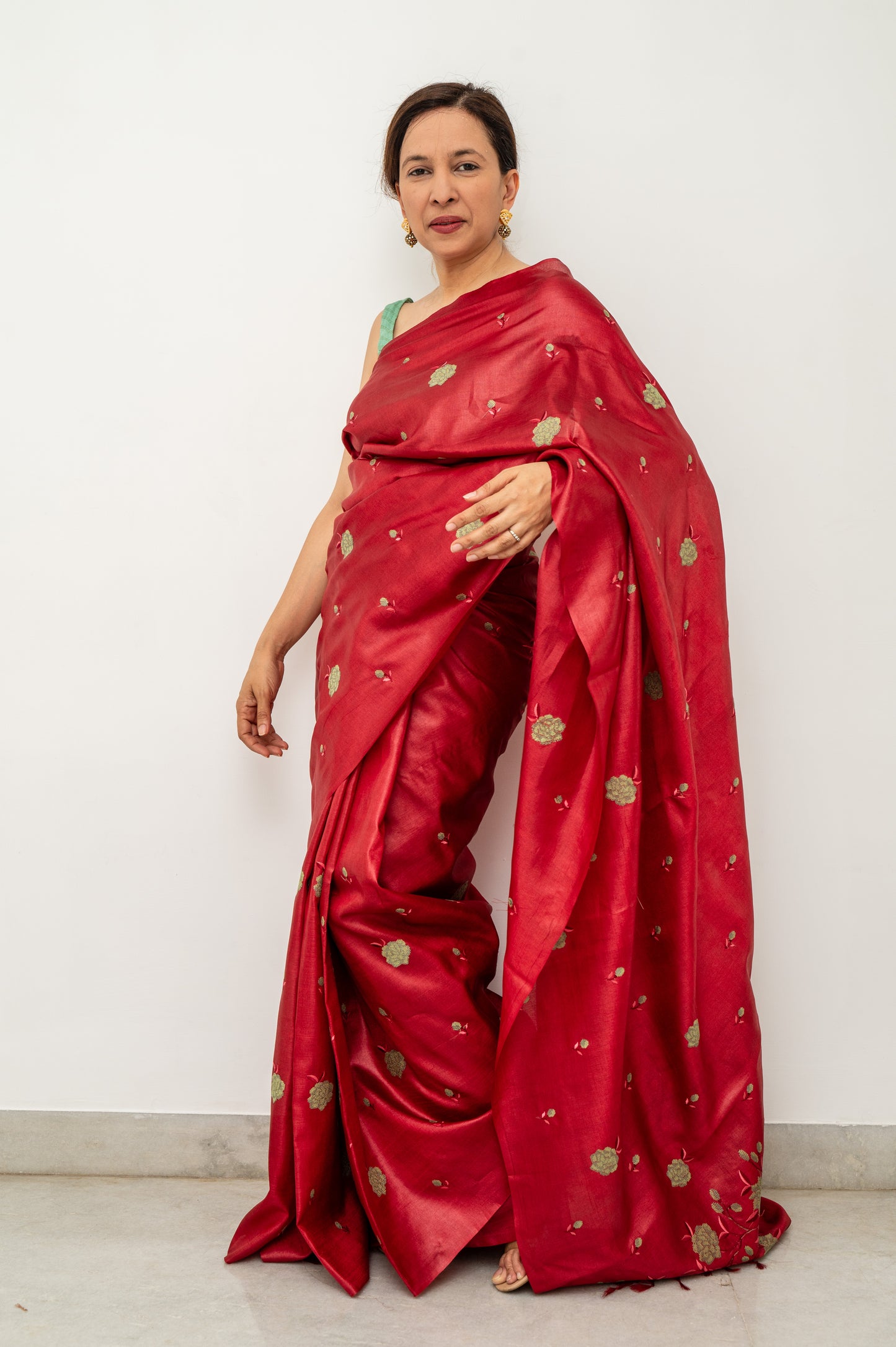 Red Green Floral Embroidery Tussar Silk Saree