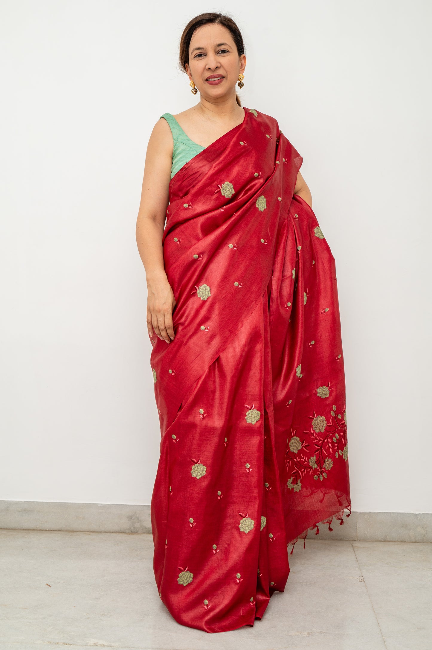 Red Green Floral Embroidery Tussar Silk Saree