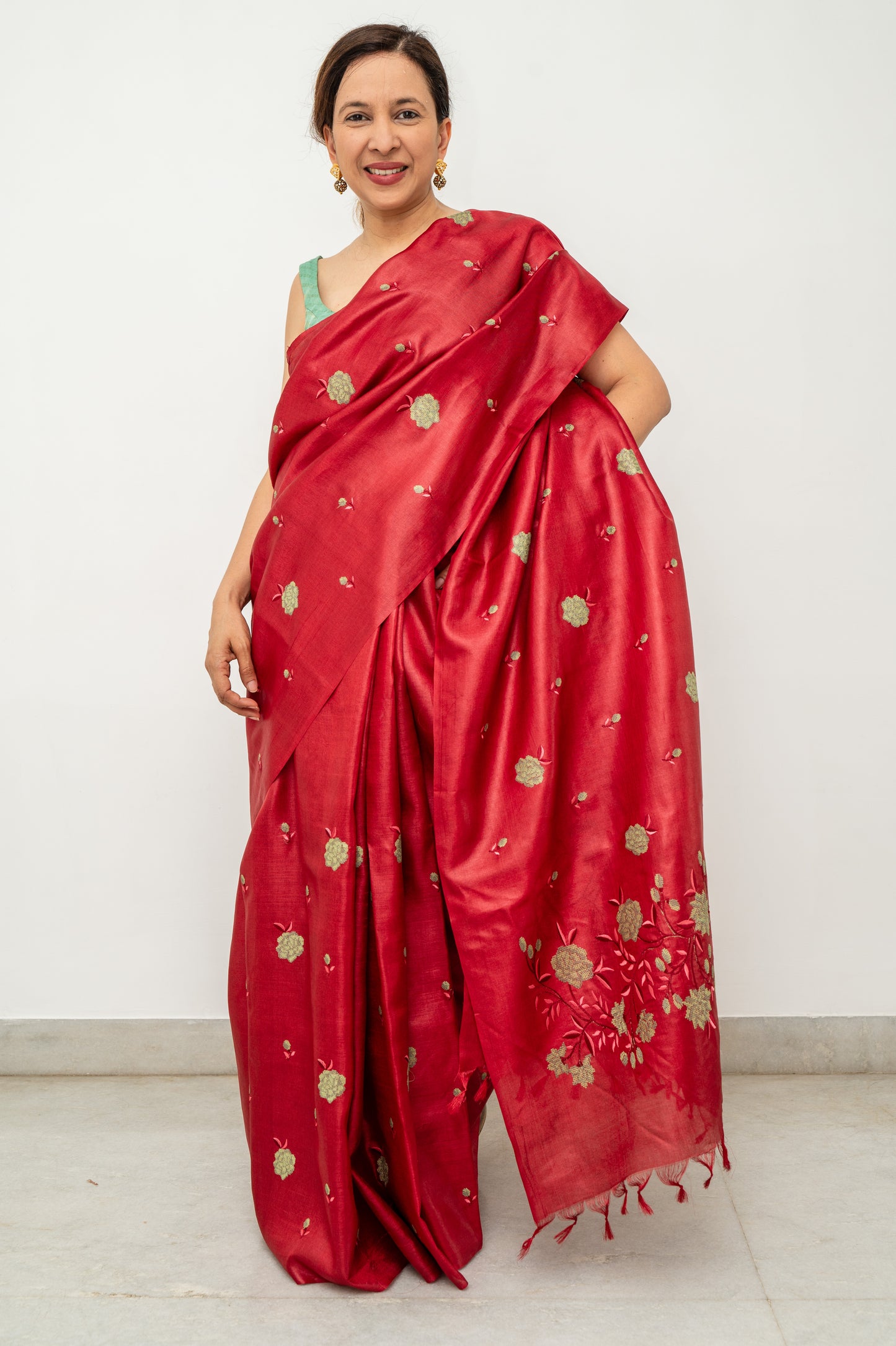 Red Green Floral Embroidery Tussar Silk Saree