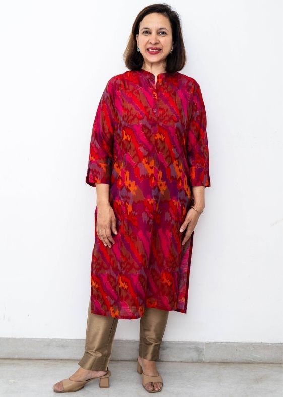 Red Ikat Chinese Collar Silk Long Kurta