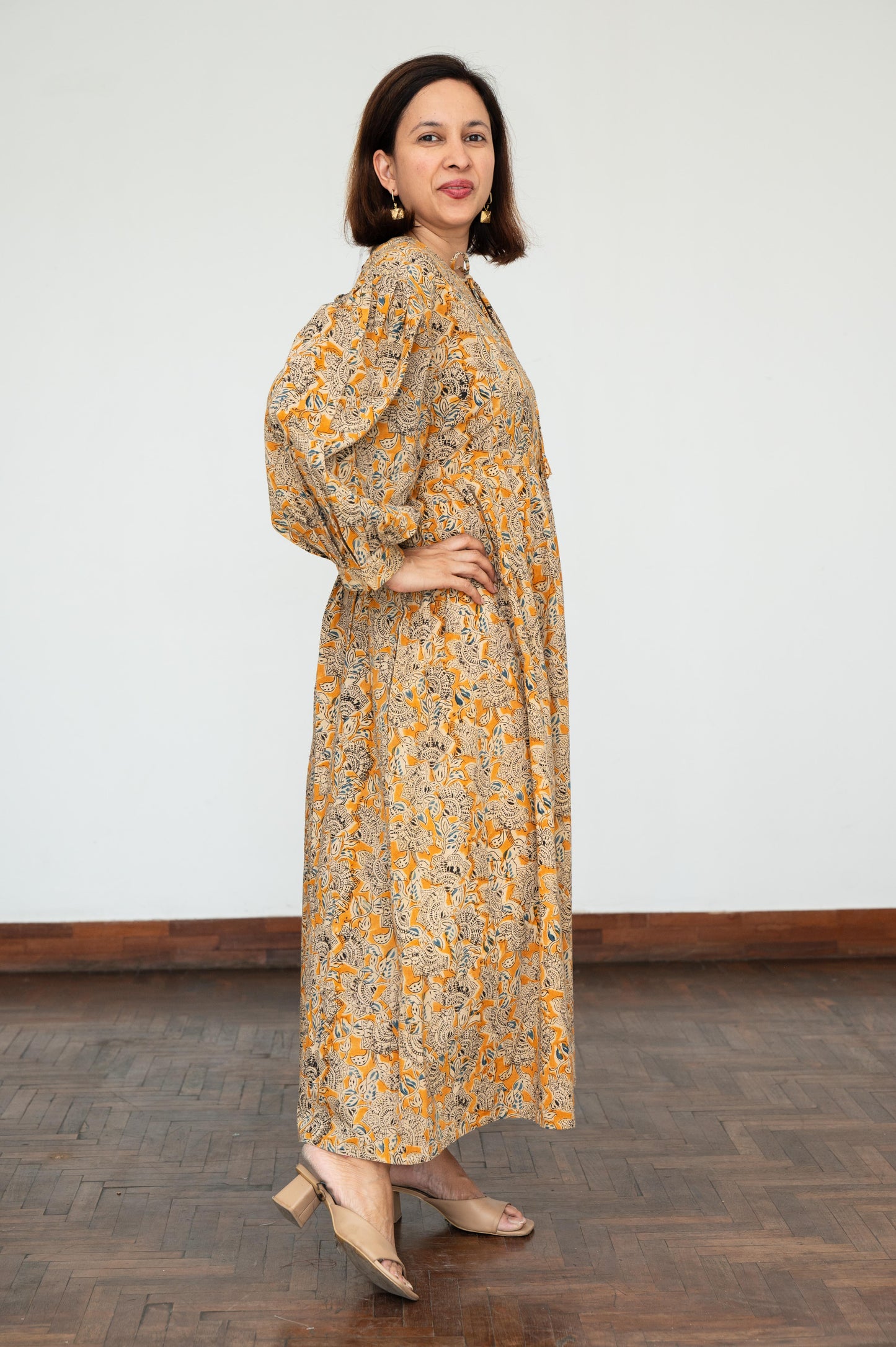 Mustard Kalamkari Balloon Sleeves Dress