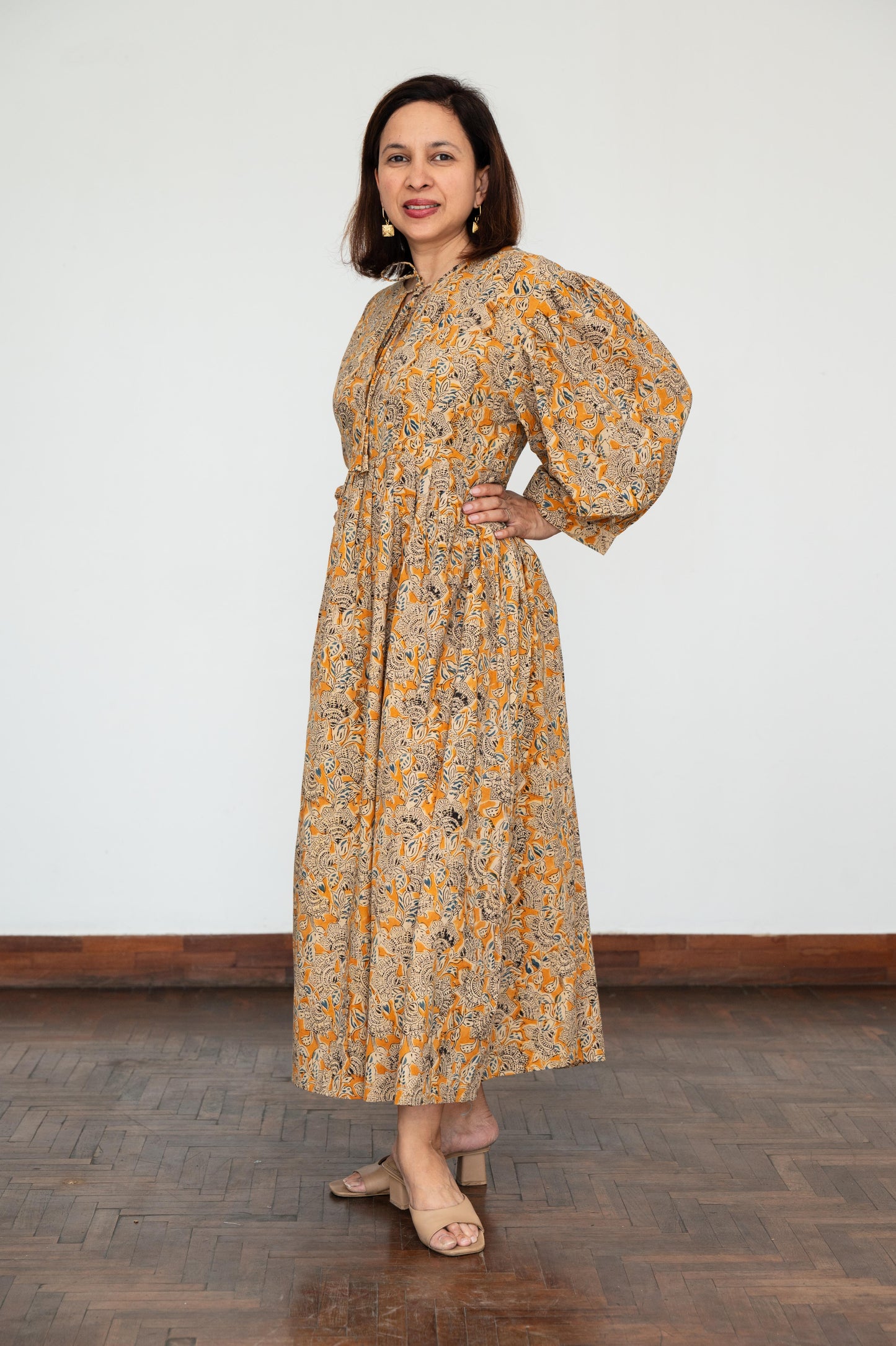 Mustard Kalamkari Balloon Sleeves Dress
