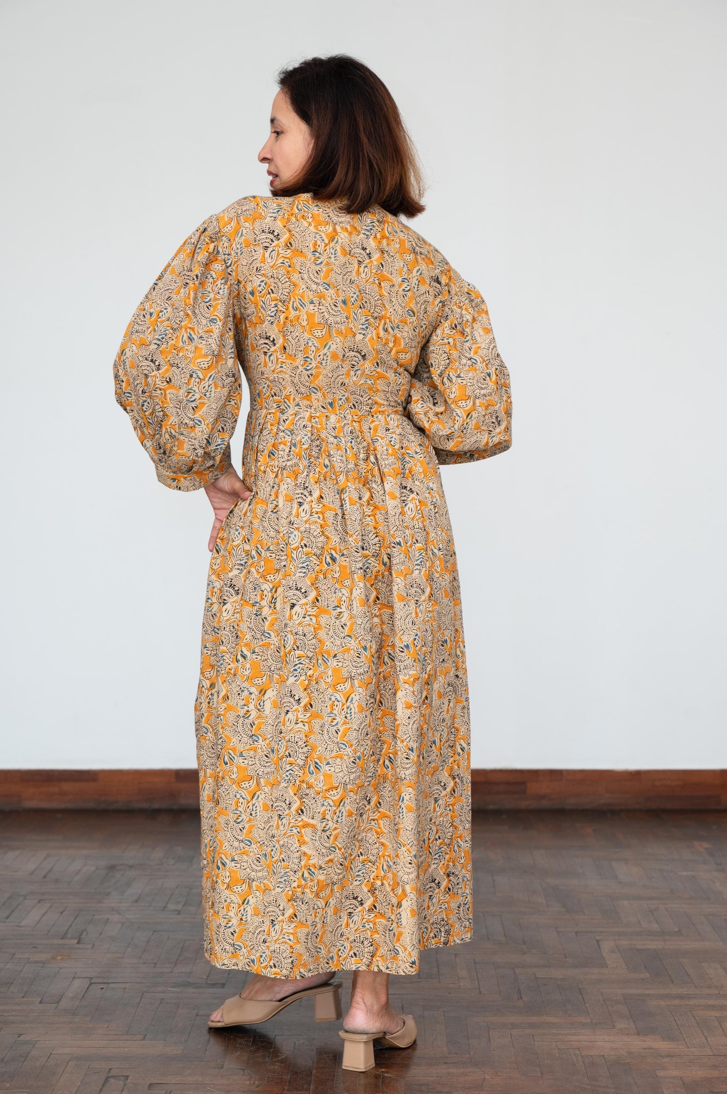 Mustard Kalamkari Balloon Sleeves Dress