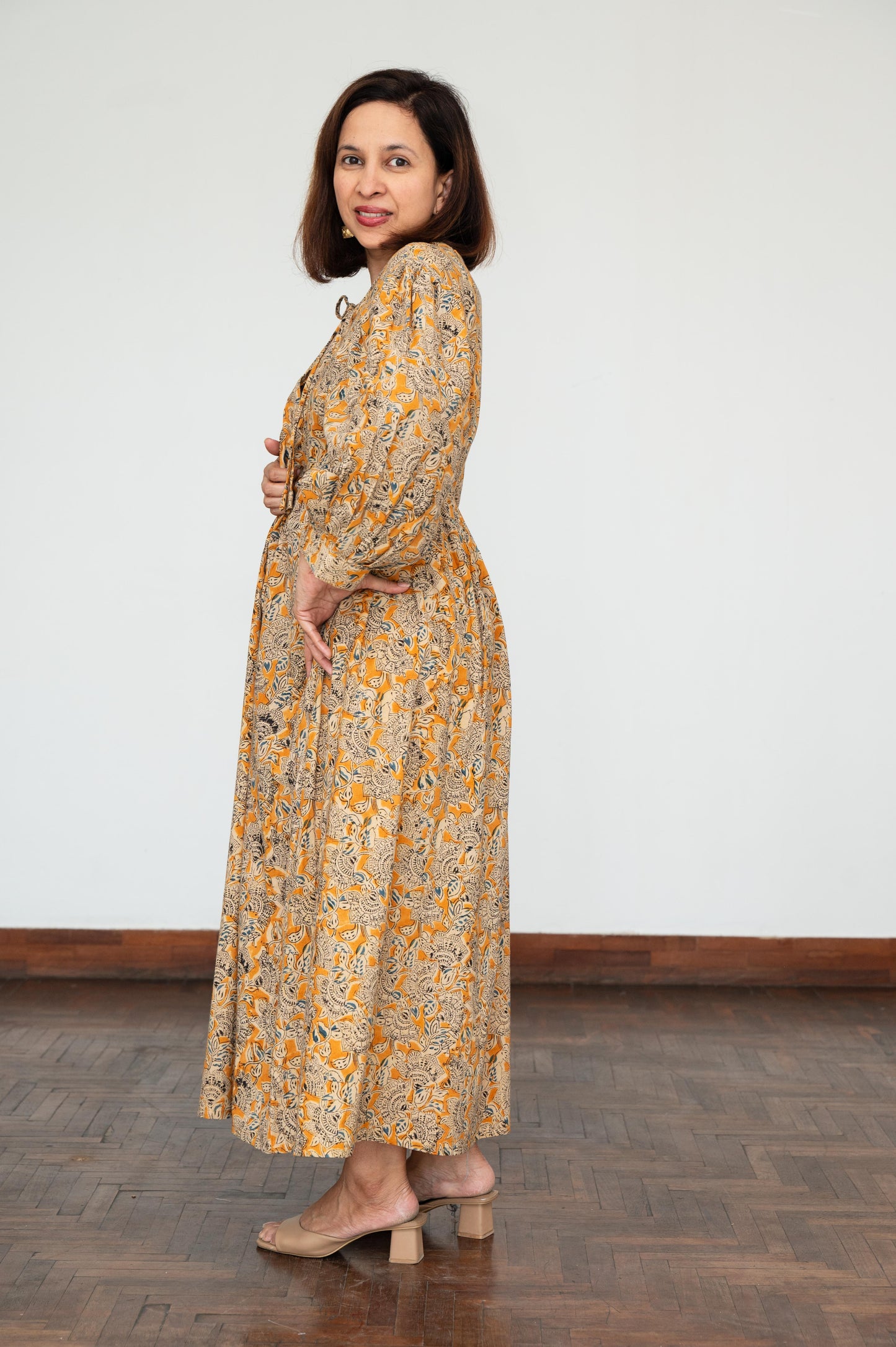 Mustard Kalamkari Balloon Sleeves Dress