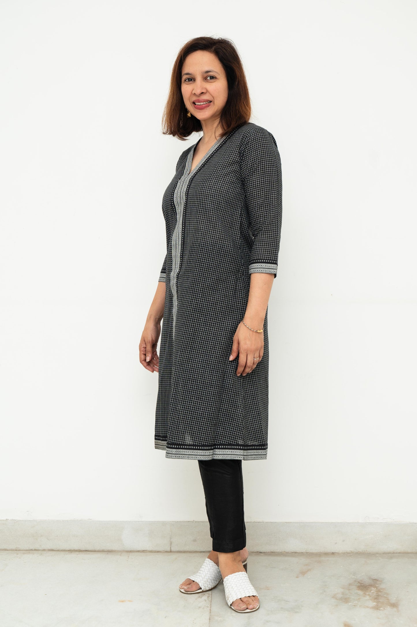 Grey Black Checks Fit Flair Bias Dress