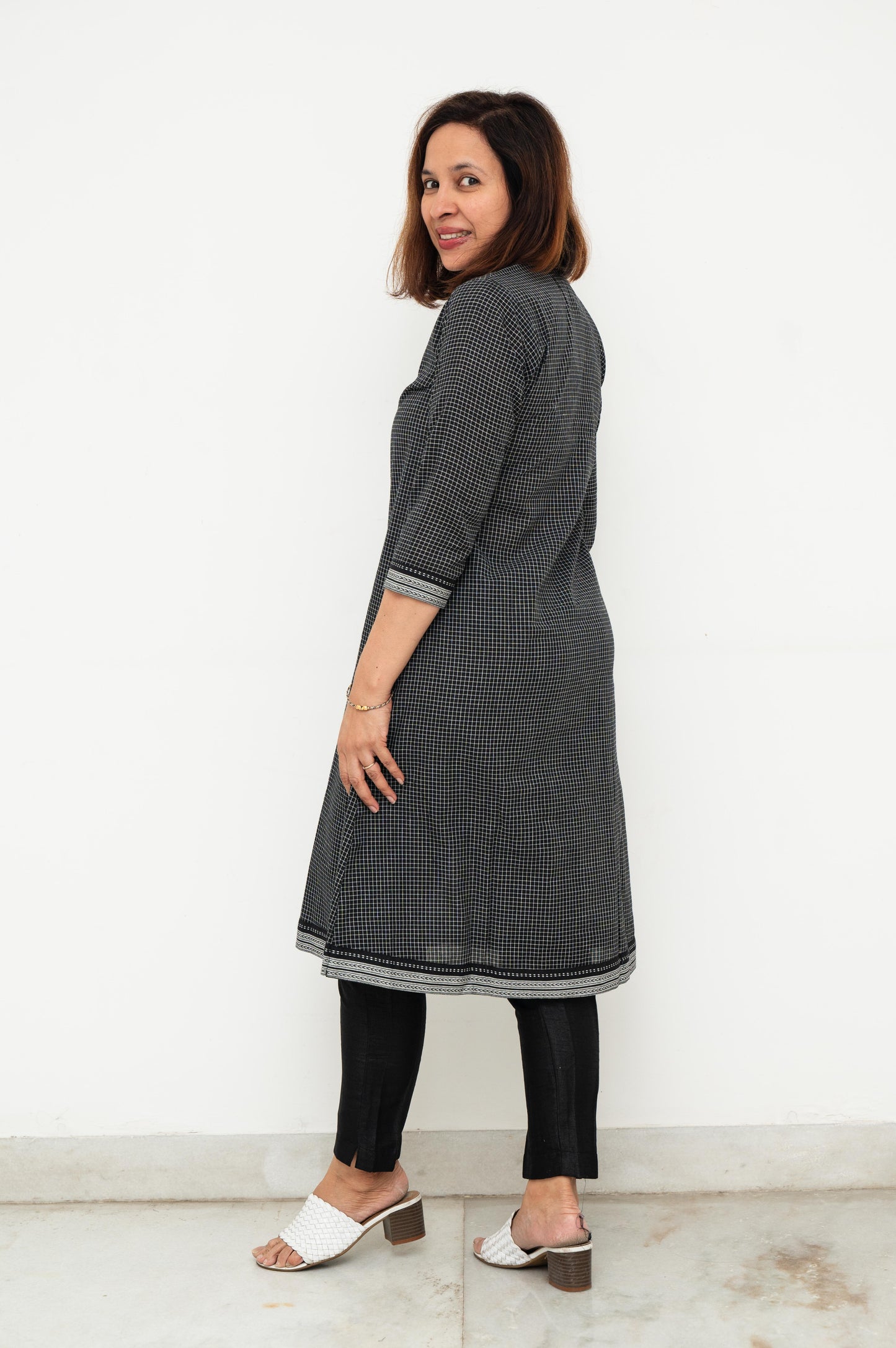 Grey Black Checks Fit Flair Bias Dress