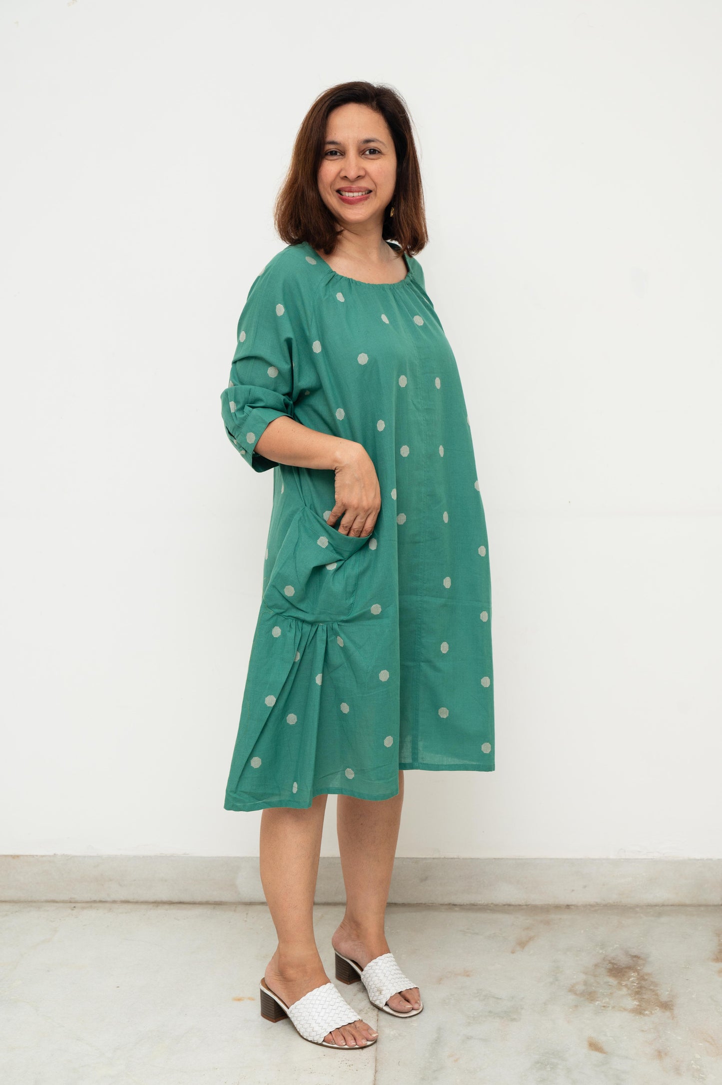 Green Polka Pocket Cotton Dress