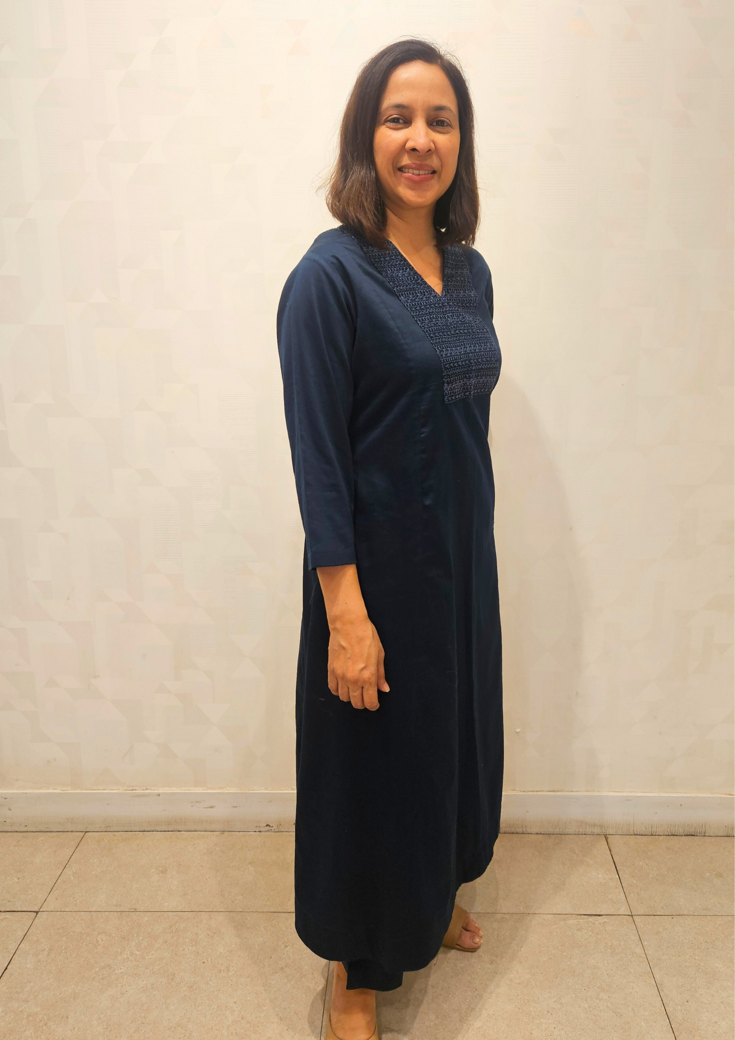 Navy Blue V Neck hand Embroidery Yoke Glazed Cotton Kurta
