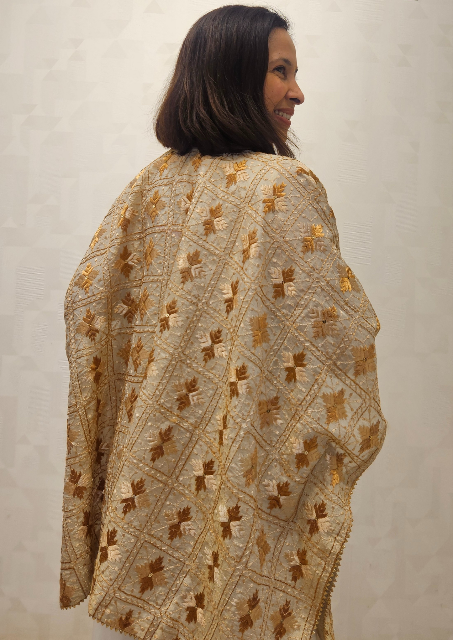 Beige Gold Phulkari Hand Embroidery Silk Lisb Jacket
