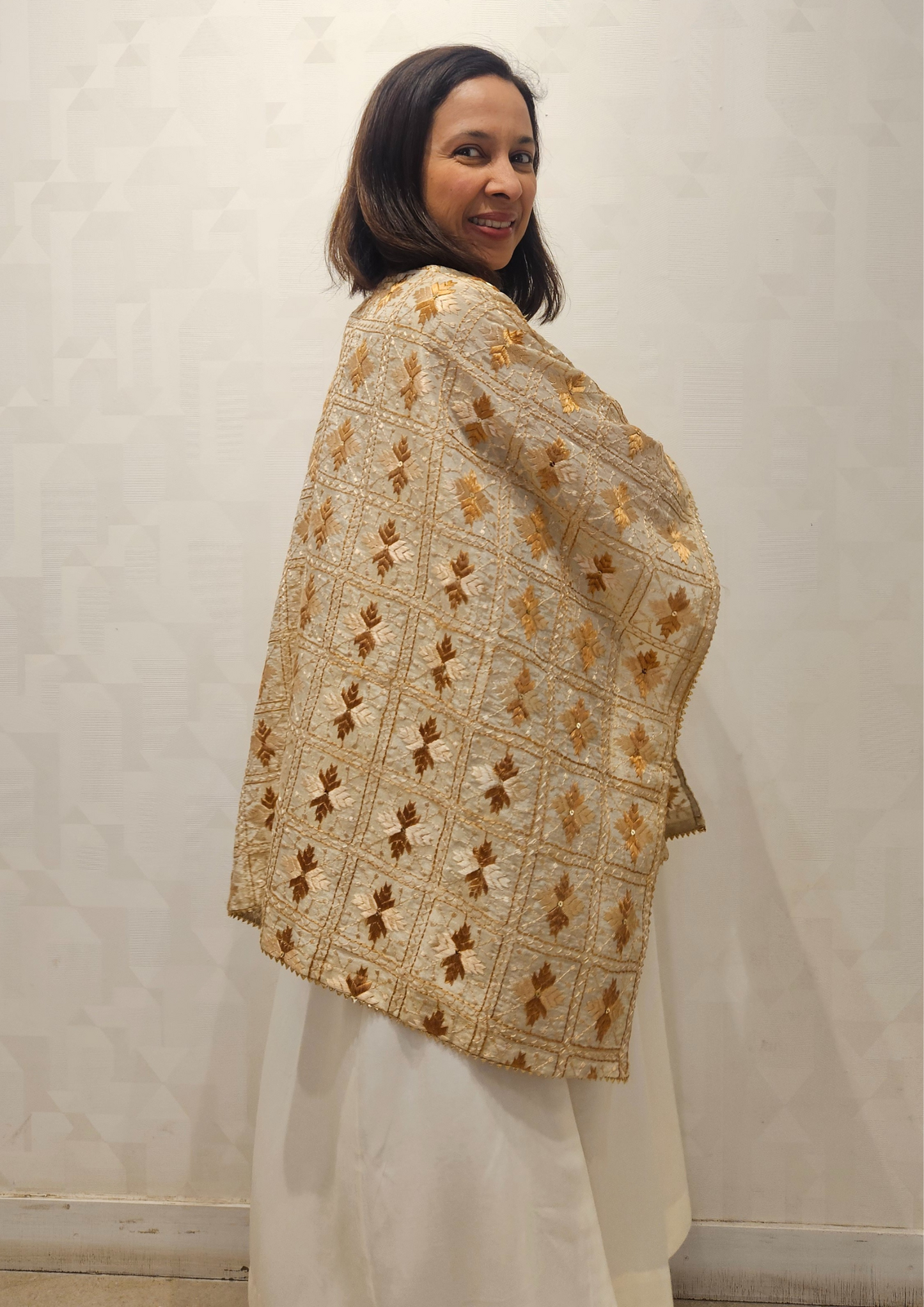 Beige Gold Phulkari Hand Embroidery Silk Lisb Jacket