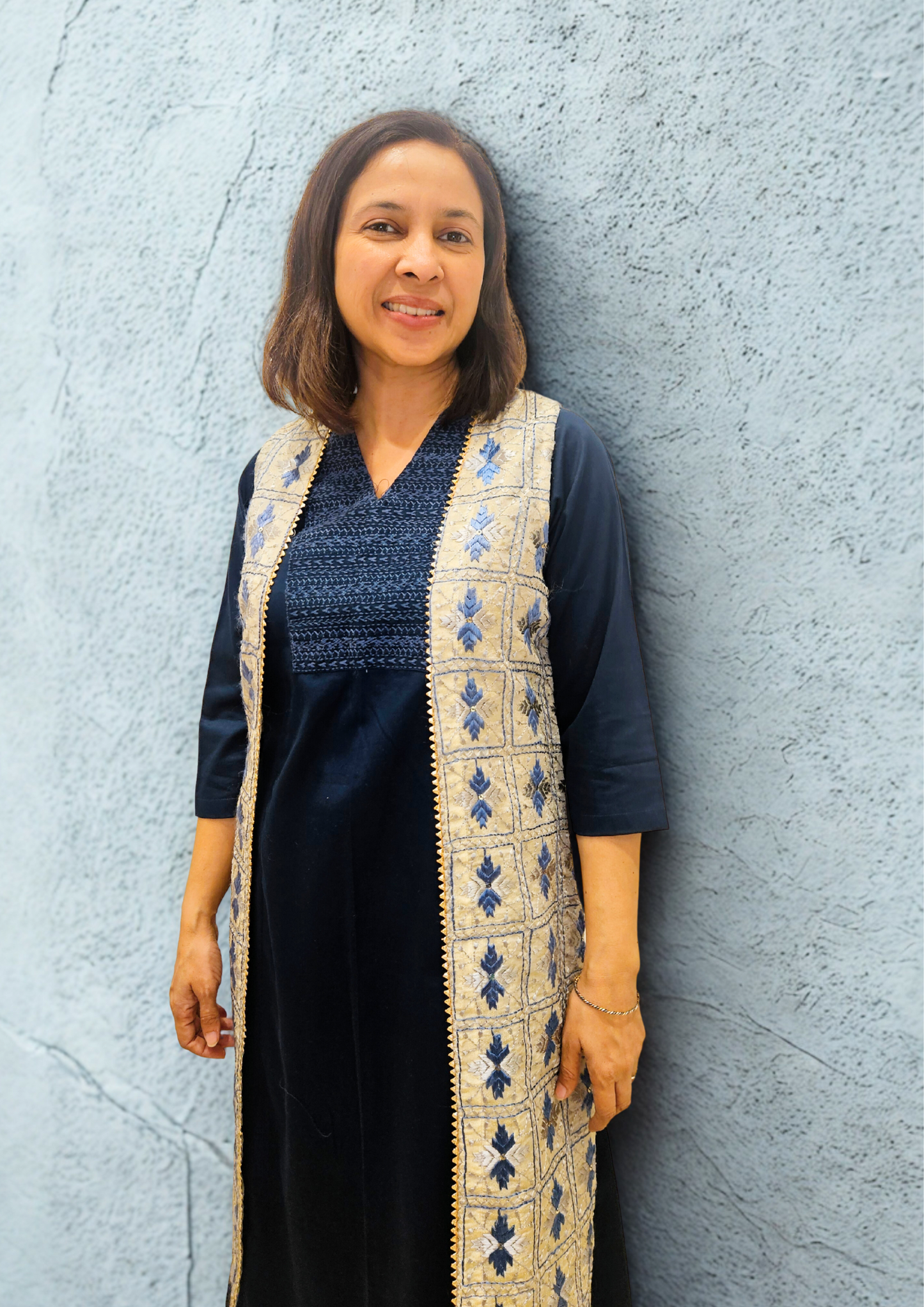 Grey Blue Phulkari Hand Embroidery Silk Long Jacket