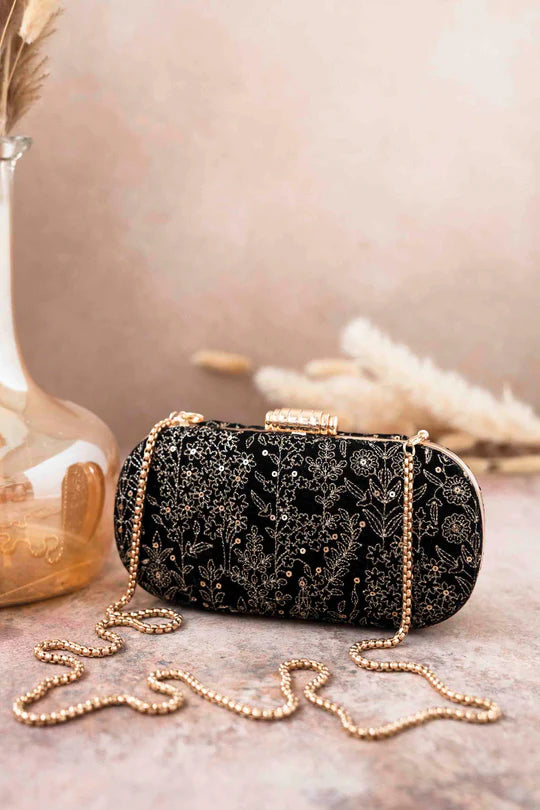 Thea velvet embroidered clutch - Black