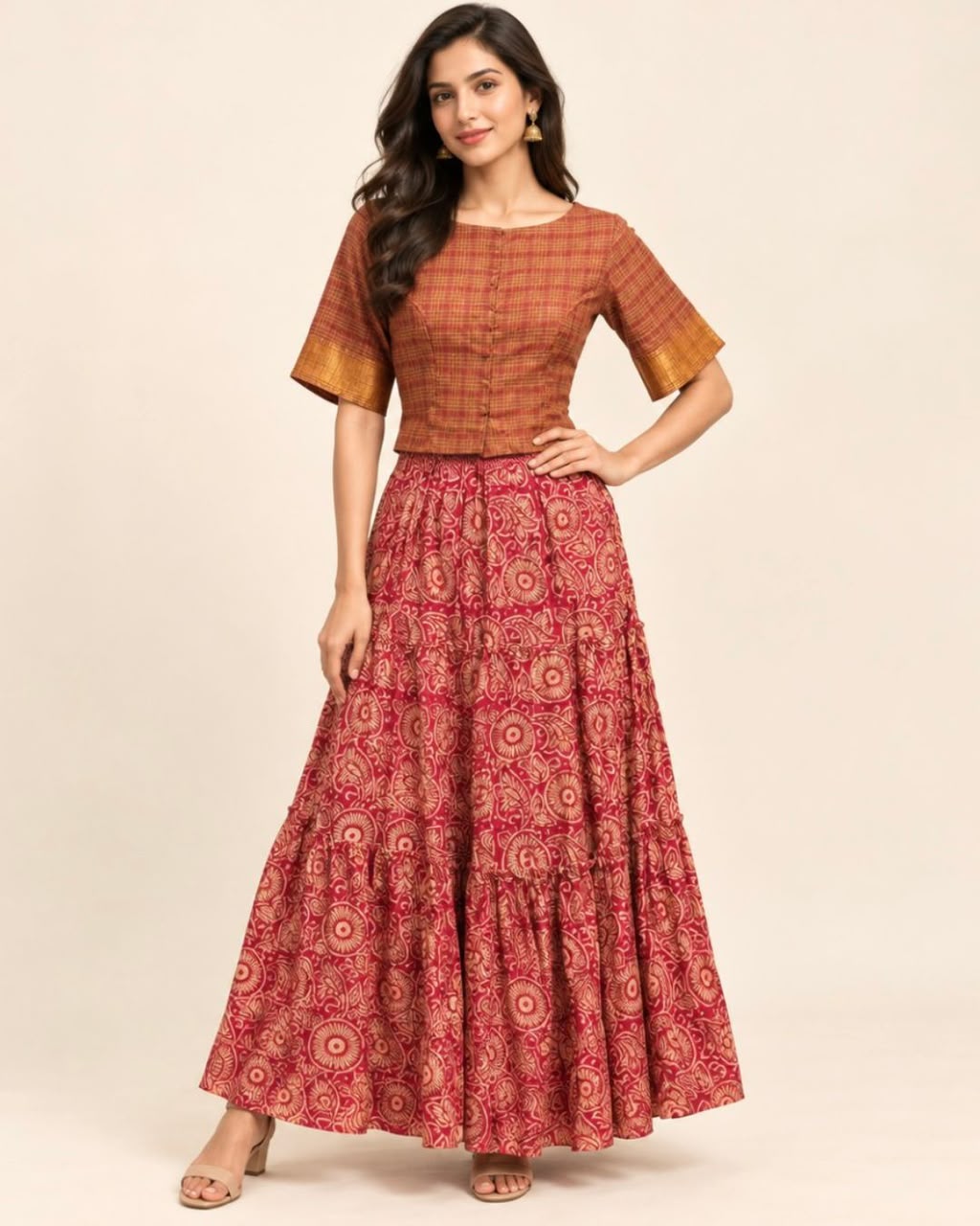 Brown Maroon and Offwhite Checked Cotton Blouse With Zari Sleeves
