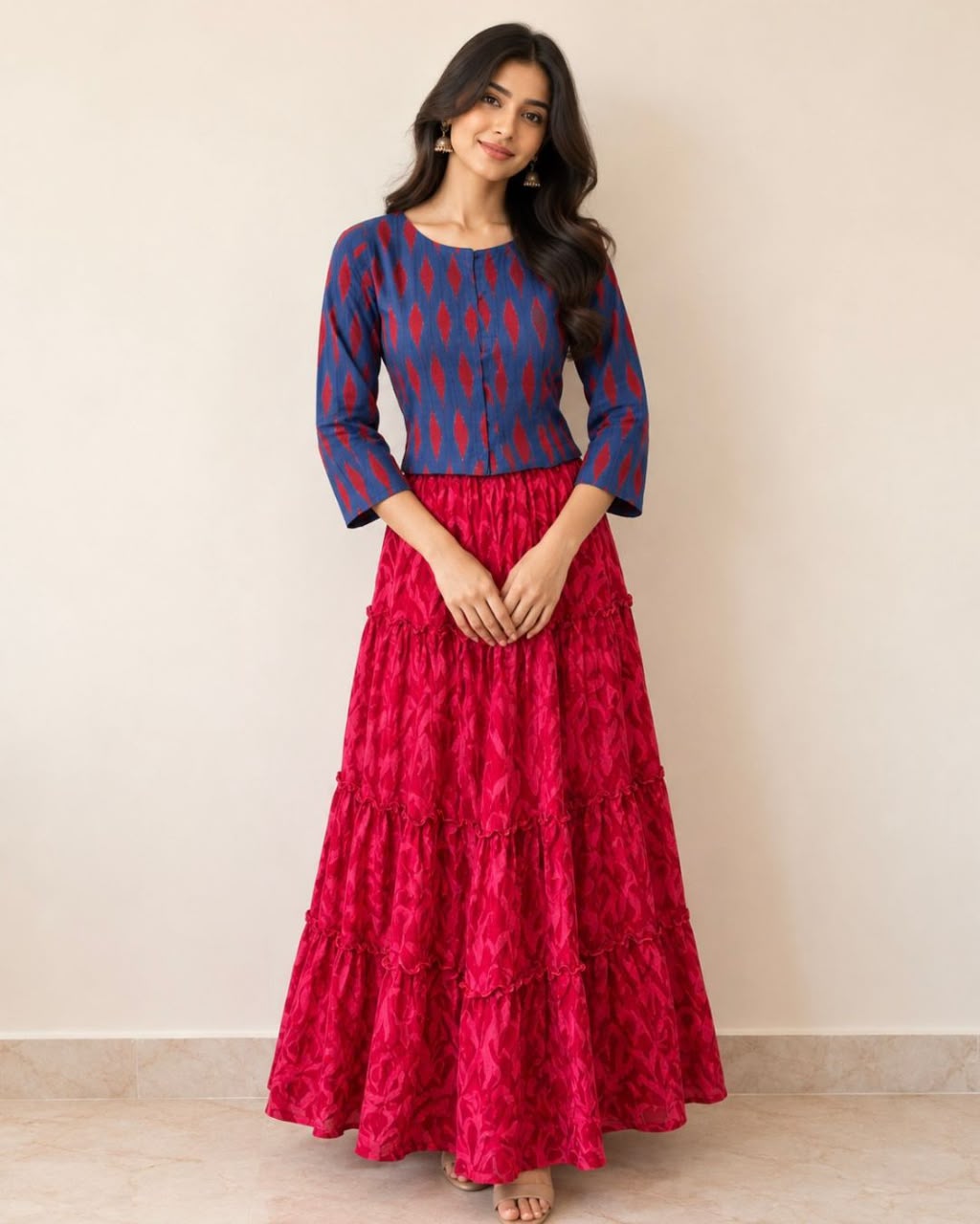 Blue Red Ikkat Roundneck Spcut Blouse